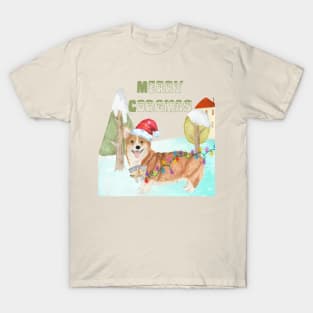 MERRY CORGMAS - WATERCOLOR CORGI CHRISTMAS WINTER WALK DESIGN T-Shirt